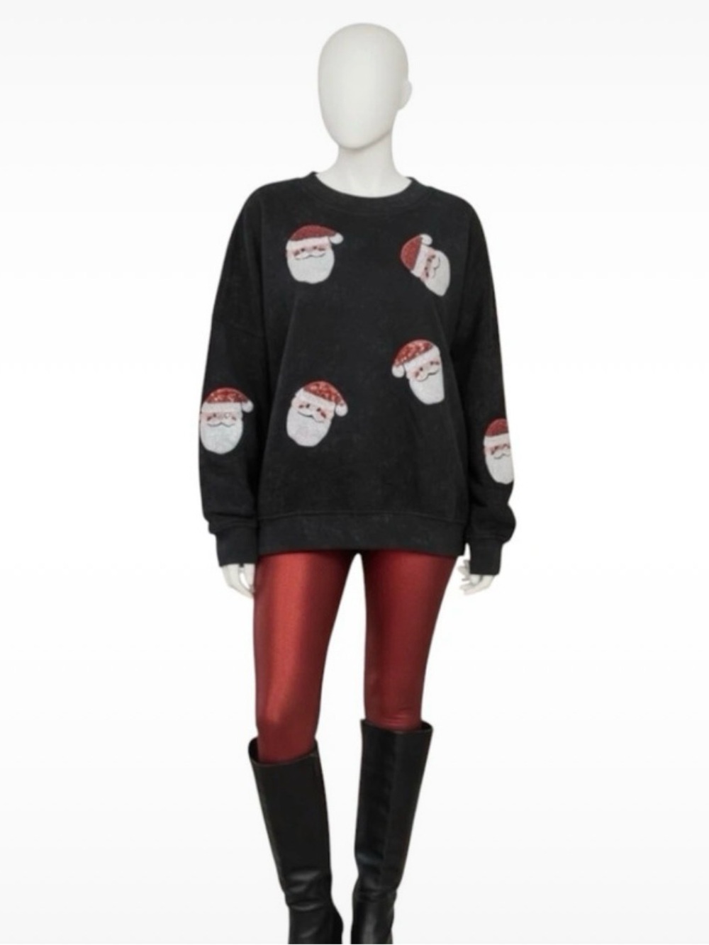 POODIT Black acid wash oversized sequin Santa top XL, 2XL
